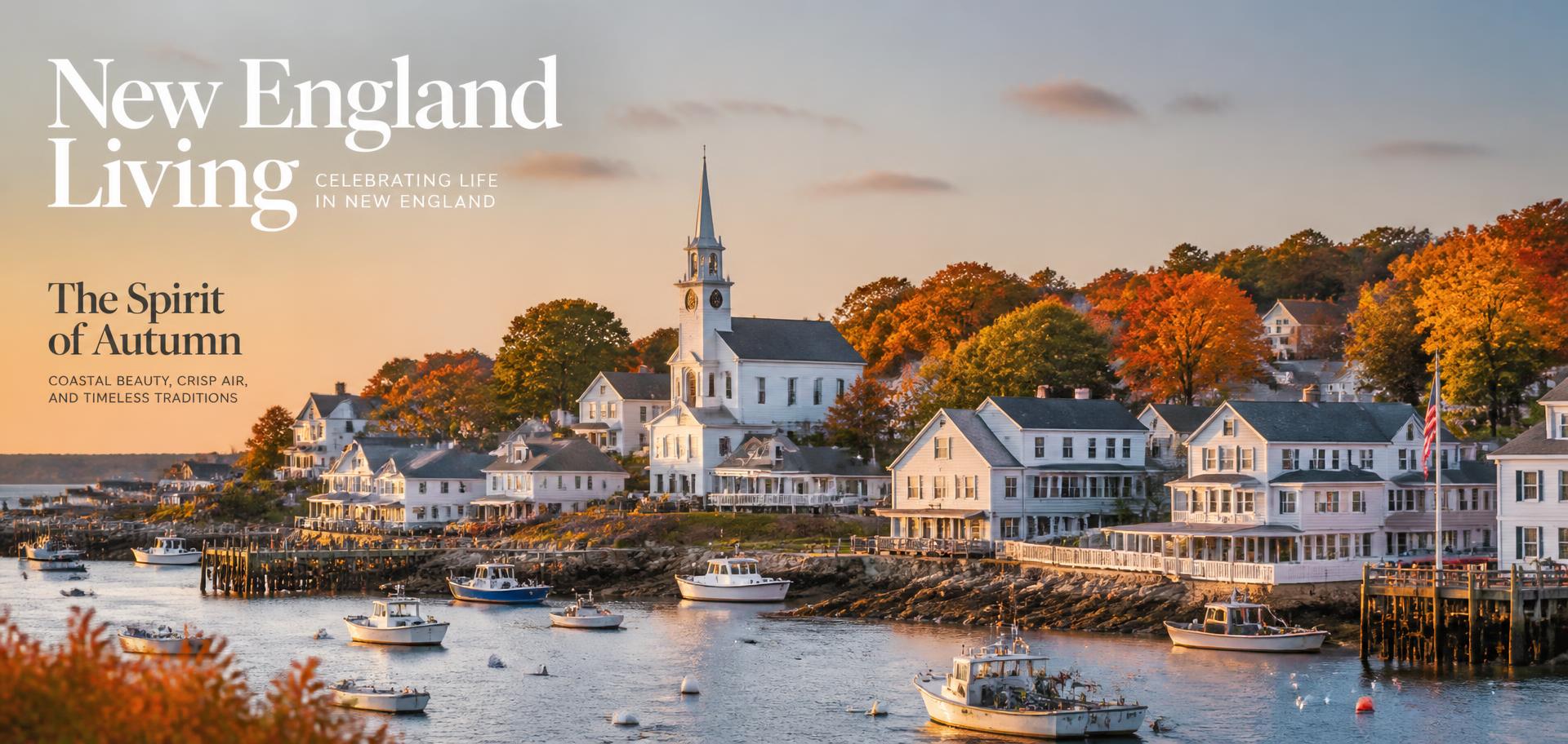 New England harbor at golden hour, white church steeple, autumn foliage and fishing boats